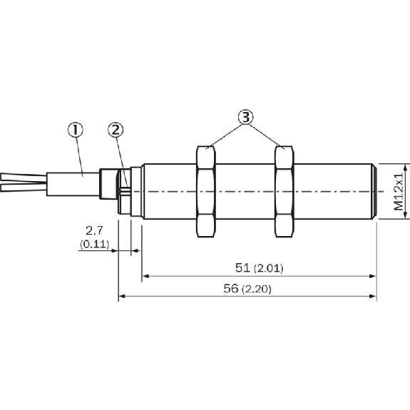 DPI M12 PNP NO P4mm noyé 56(51)mm Inox V2A +100°C / Câble 2m PUR-Lire la description