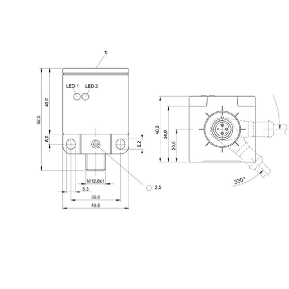 DPI Rect. PNP NO+NF P20mm noyé 40x40x62mm / M12 4P-Lire la description