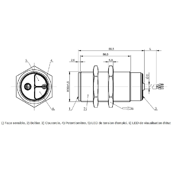 DPC M30 NPN NO P15mm noyé Pot. lg66.5mm PBT 10-30Vdc / Câble 2m PUR-Lire la description