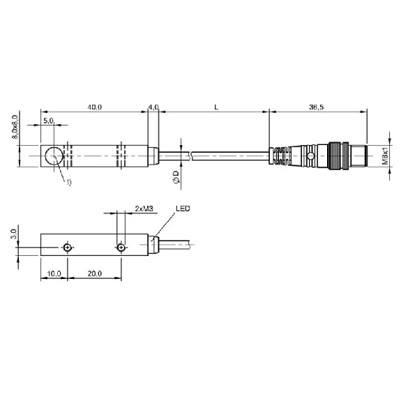 DPI Rect. PNP NF P2mm noyé 8x8x40mm Zinc 10-30Vdc / M08 3P+C0.37m-Lire la description