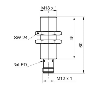 DPI M18 NPN NO P12mm noyé lg60(45)mm Laiton 6-36Vdc / M12 4P-Lire la description