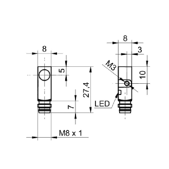 DPI Rect. NPN NF P2mm noyé 8x8x27mm 10-30Vdc / M08 3P-Lire la description