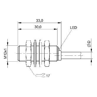 DPI M12 PNP NO P2mm noyé lg30mm Laiton 10-30Vdc / Câble 5m PUR-Lire la description