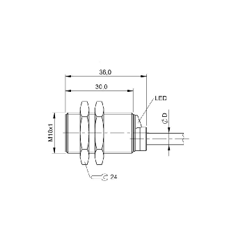 DPI M18 PNP NO P8mm noyé lg36mm Laiton 10-30Vdc IP67 / Câble 3m PUR-Lire la description