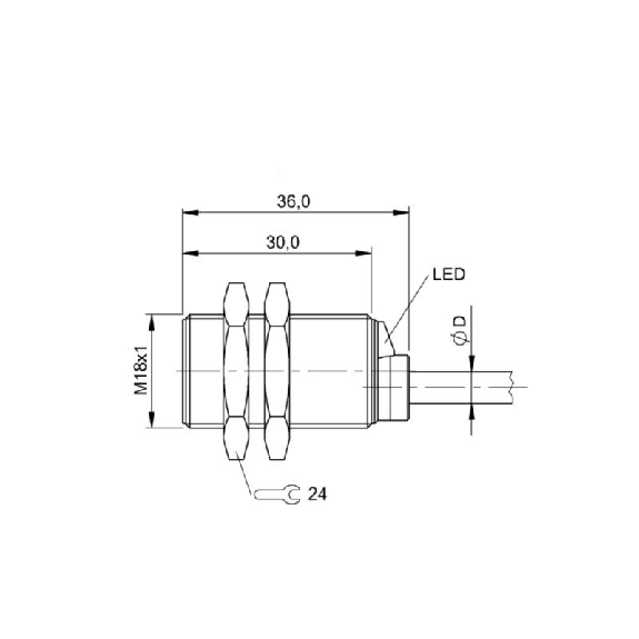 DPI M18 PNP NO P8mm noyé lg36mm Laiton 10-30Vdc IP67 / Câble 3m PUR-Lire la description