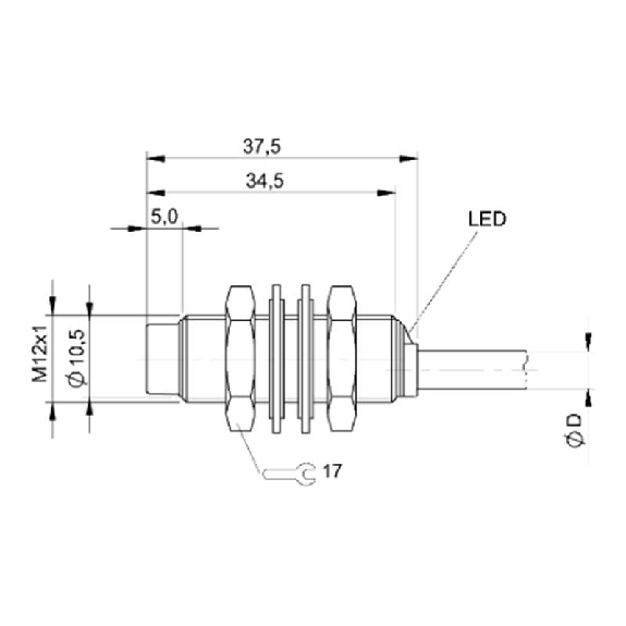DPI M12 PNP NO P4mm non noyé lg37,5mm Laiton 10-30Vdc / Câble 3m PUR-Lire la description