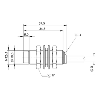 DPI M12 PNP NO P4mm non noyé lg37,5mm Laiton 10-30Vdc / Câble 3m PUR-Lire la description