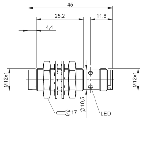 DPI M12 PNP NO P12mm non noyé 45(25.2)mm Laiton 10-30Vdc / M12 3P-Lire la description