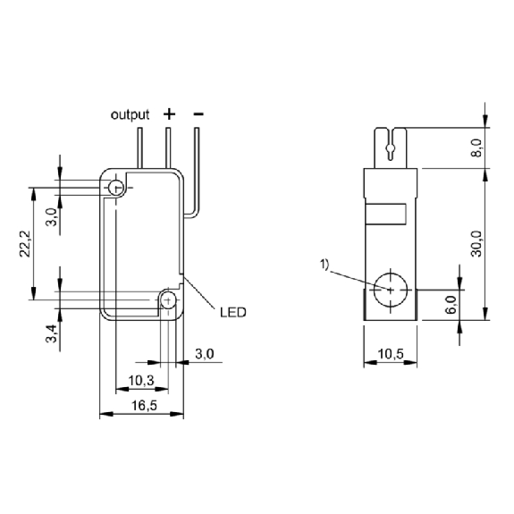 DPI Rect. PNP NO P2mm noyé 30x10,5x16,5mm 10-30Vdc / DIN 46244-Lire la description