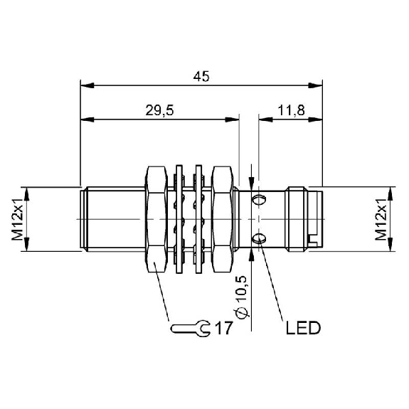 DPI M12 PNP NO P6mm quasi-noyé lg45(29.5)mm Laiton 10-30Vdc / M12 4P-Lire la description