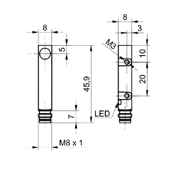 DPI Rect. PNP NF P2mm noyé 8x8x30mm 10-30Vdc / M08 3P-Lire la description