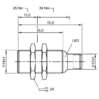 DPI M18 2 fils DC NO P7mm noyé lg50(35)mm Laiton 10-36Vdc / M12 4P-Lire la description