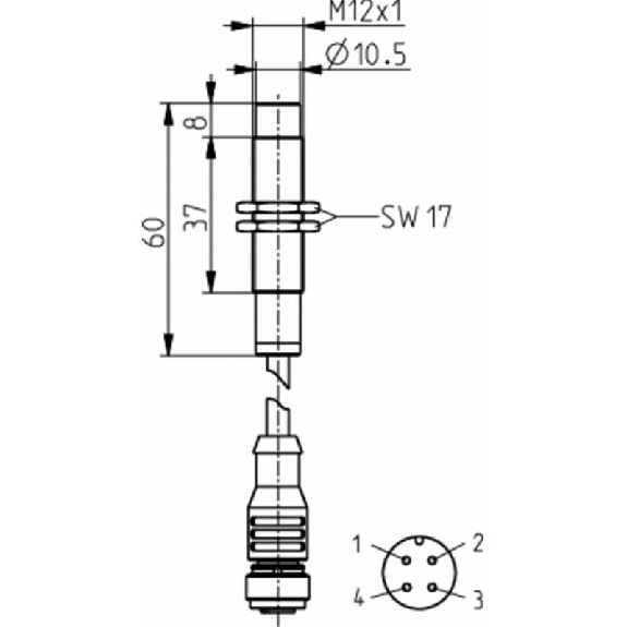 DPI M12 sans fil P4mm non noyé lg60(37)mm Laiton / M12 4P+C2m-Lire la description
