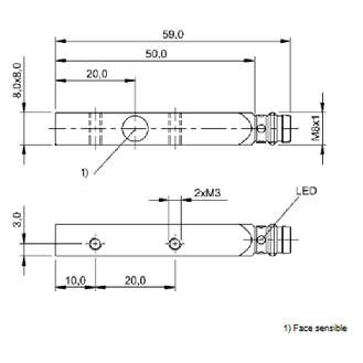 DPI Rect. PNP NO P1,5mm noyé 8x8x59mm Zinc / M08 3P-Lire la description