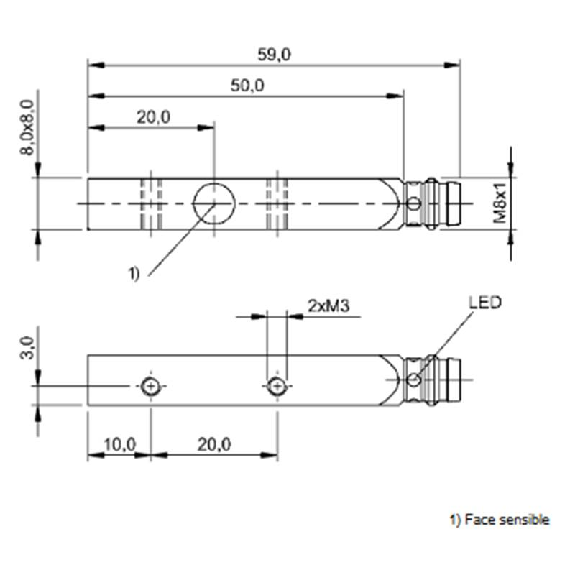 DPI Rect. PNP NO P1,5mm noyé 8x8x59mm Zinc / M08 3P-Lire la description