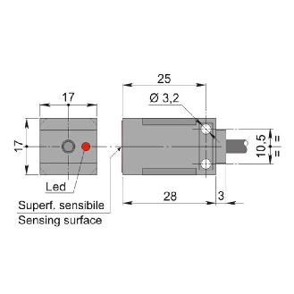 DPI Rect. NPN NO+NF P5mm noyé 17x17x31mm 10-30Vdc / Câble 2m PVC-Lire la description