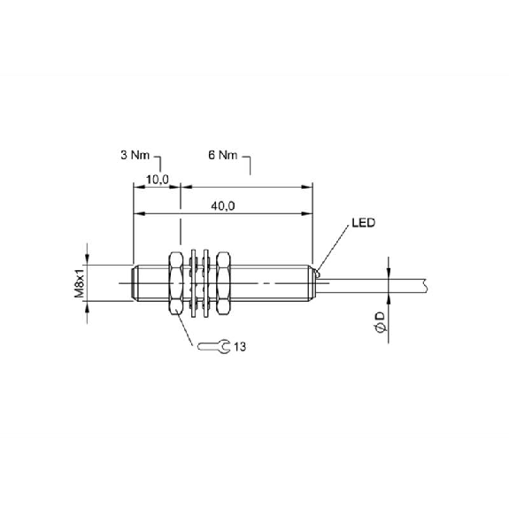 DPI M08 2 fils DC NO P2mm noyé lg40mm Laiton 10-36Vdc / Câble 2m PVC-Lire la description