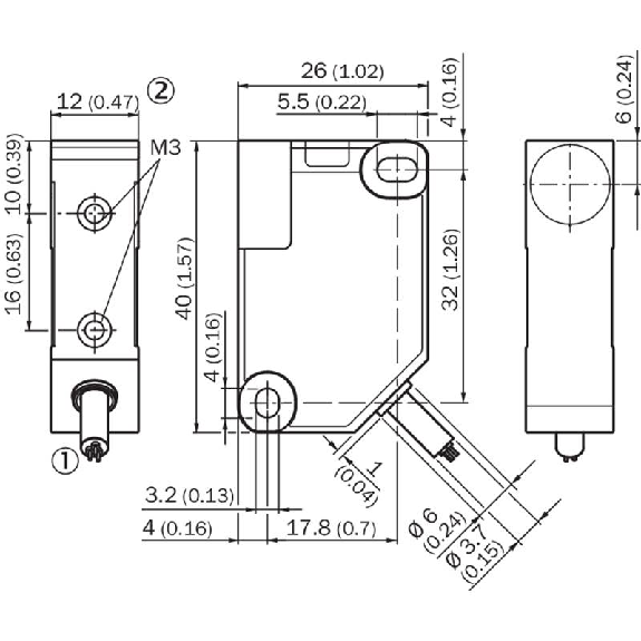 DPI Rect. NPN NO P8mm non noyé 12x40x26mm Plast. / Câble 2m PVC-Lire la description