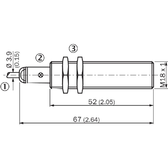DPI M18 NPN NO P8mm noyé lg67(52)mm Laiton 10-30Vdc / Câble 2m PVC-Lire la description