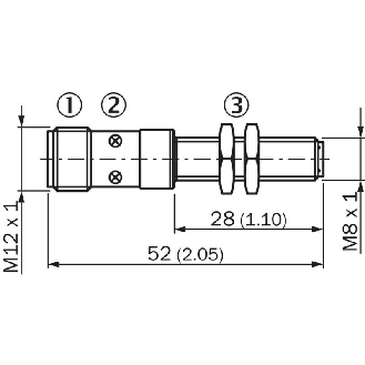 DPI M08 NPN NF P3mm quasi-noyé lg52(28)mm Laiton 10-30Vdc / M12 4P-Lire la description
