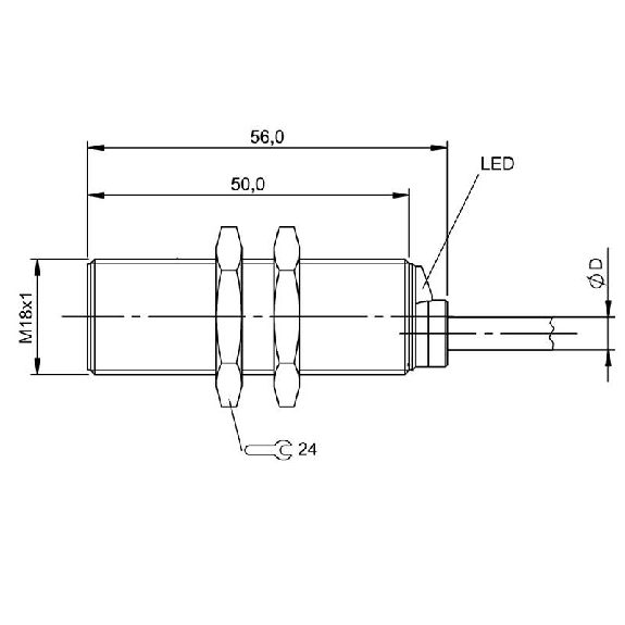 DPI M18 PNP NO P8mm noyé lg56mm Laiton 12-30Vdc / Câble 3m PVC-Lire la description
