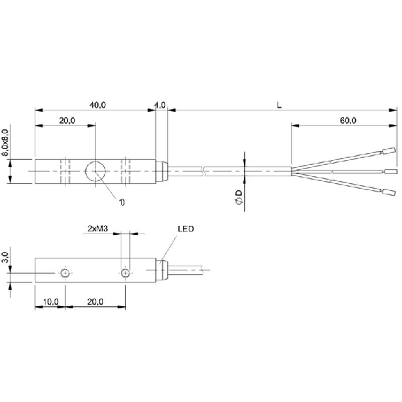 DPI Rect. PNP NO P2mm noyé 8x8x40mm 10-30Vdc / Câble 2m PUR-Lire la description