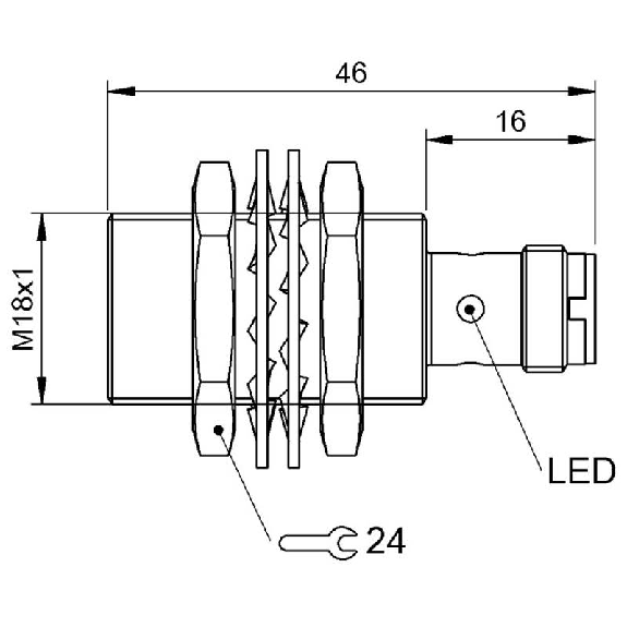 DPI M18 PNP NO P12mm quasi-noyé lg46(30)mm Laiton 10-30Vdc / M12 4P-Lire la description