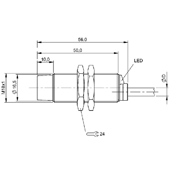 DPI M18 PNP NO P16mm non noyé lg56mm Laiton 10-30Vdc / Câble 2m PUR-Lire la description