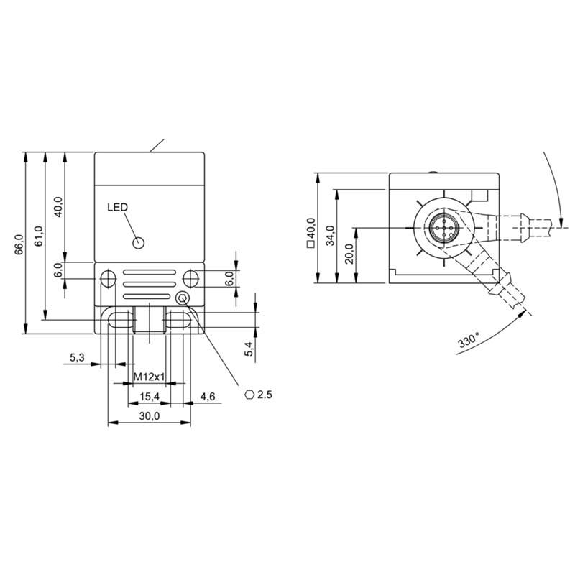 DPI Rect. 2 fils NAMUR NO P20mm noyé 40x40x66mm / M12 5P-Lire la description