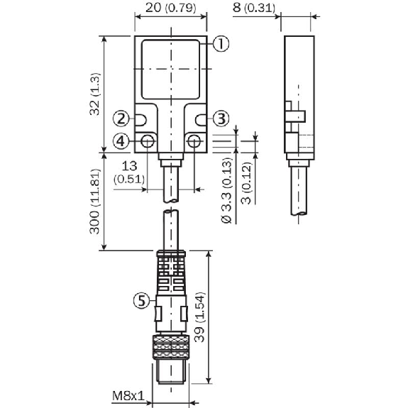 DPI Rect. PNP NO P7mm noyé 20x32x8mm Métal 10-30Vdc / M08 3P+C0.3m-Lire la description