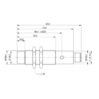 DPI M18 PNP NO+NF P8mm non noyé lg83(40)mm Laiton 10-30Vdc / M12 4P-Lire la description