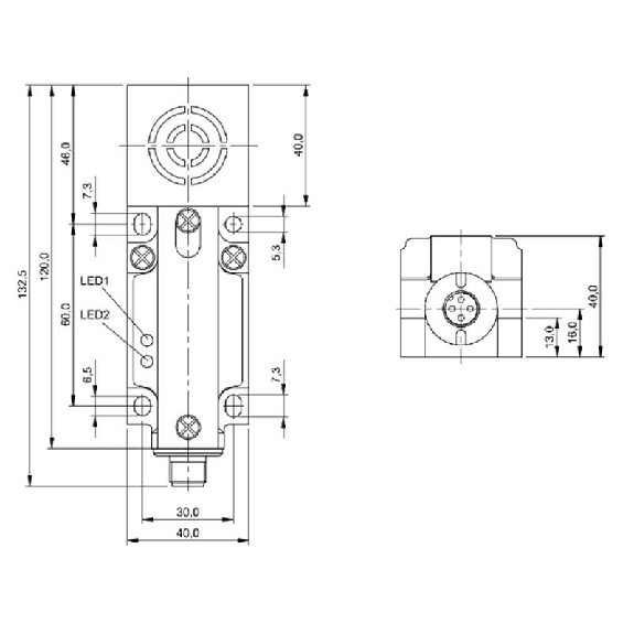 DPI Rect. PNP NO+NF P20mm noyé 40x40x120mm / M12 4P-Lire la description