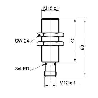 DPI M18 PNP NF P8mm quasi-noyé lg60(45)mm 10-30Vdc / M12 4P-Lire la description