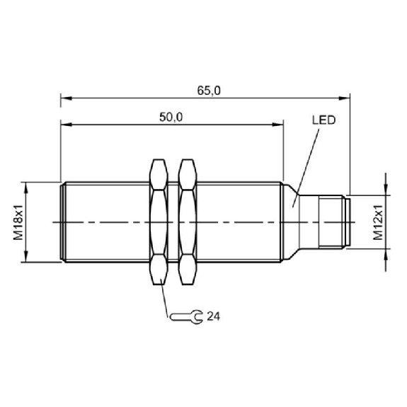DPI M18 NPN NO P5mm noyé lg65(50)mm Laiton 12-30Vdc / M12 4P-Lire la description