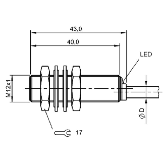 DPI M12 2 fils DC NF P3mm noyé lg43mm Laiton 10-36Vdc / Câble 3m PVC-Lire la description
