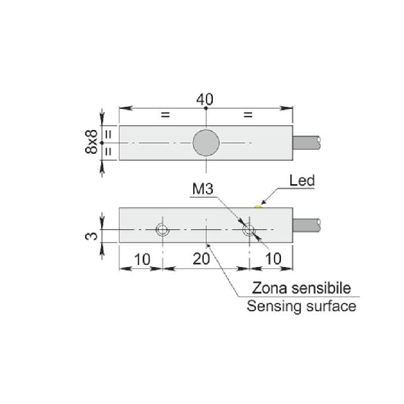 DPI Rect. NPN NO P2mm noyé 8x8x40mm 6-30Vdc / Câble 2 m PVC-Lire la description
