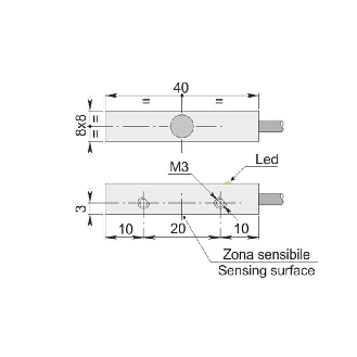 DPI Rect. NPN NO P2mm noyé 8x8x40mm 6-30Vdc / Câble 2 m PVC-Lire la description