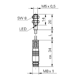 DPI M05 NPN NF P1mm noyé lg20mm Acier 10-30Vdc / M08 3P+C0.2m PUR-Lire la description