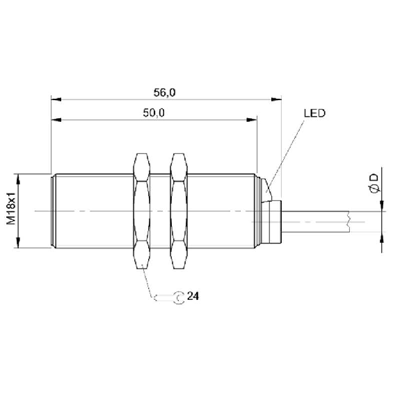 DPI M18 PNP NF P5mm noyé lg50mm Laiton 12-30Vdc / Câble 2m PVC-Lire la description
