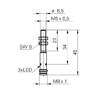 DPI M05 NPN NF P1,6mm noyé lg45mm 10-30Vdc / M08 3P-Lire la description
