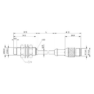 DPI M12 PNP NO P4mm non noyé lg37,5mm Laiton / M12 4P+C0.3m-Lire la description