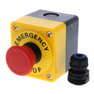 Boîte jaune bouton arrêt urg Ø22mm, tête Ø40mm, Pousser-Tourner, 2NF-Lire la description