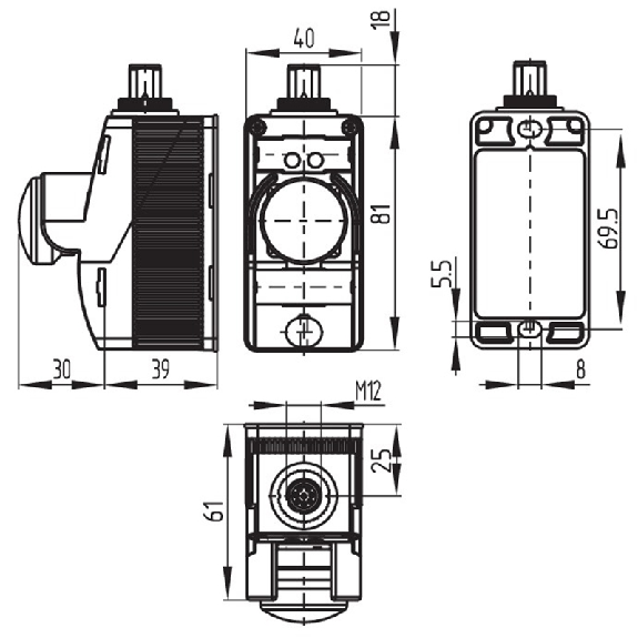 Boîtier de commande avec bouton d'arrêt d'urgence 2NF+1NO, M12P-Lire la description