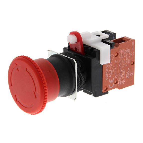 Arrêt urgence Ø22mm, tête Ø40mm, Pousser-Tourner, 2NF+1NO-Lire la description
