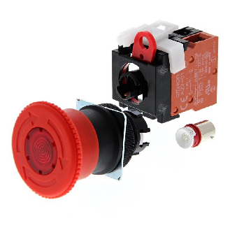 Arrêt urgence Ø22mm Lum 24V, tête Ø40mm, Pousser-Tourner, 1NF-Lire la description