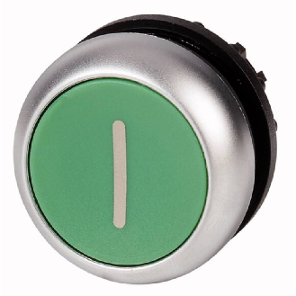 Bouton-poussoir, plat, vert "I", à rappel-Lire la description