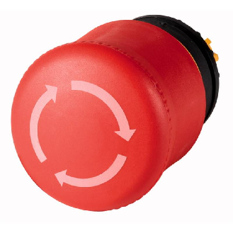 Bouton d'arrêt d'urgence/ARRET, RMQ-Titan, Type « coup de poing », 38 mm, non lumineux, Déverrouillage par rotation, rouge, allumée en jaune, RAL 3000-Lire la description