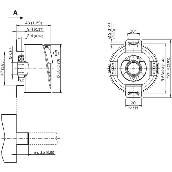 Codeur inc. Ø60mm Axe trav. 12mm 04096 10-32V HTL/Push pull C1,5m-Lire la description