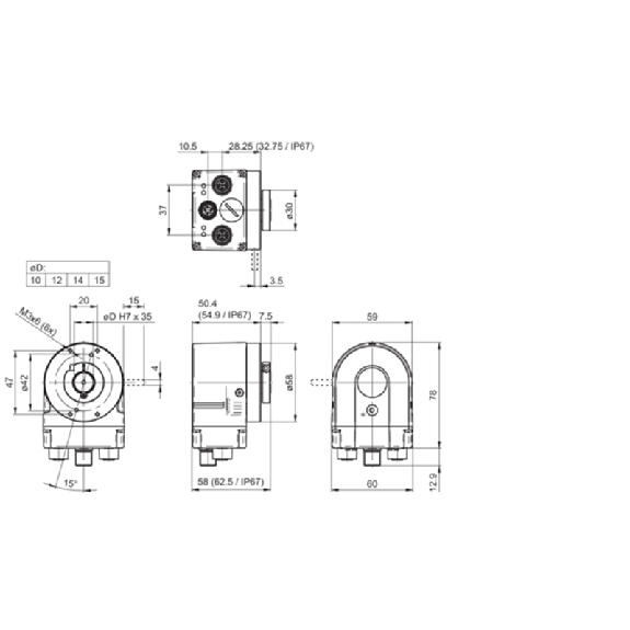 Codeur abs. Ø58mm Ethernet/IP multitours Axe creux 12mm IP65-Lire la description