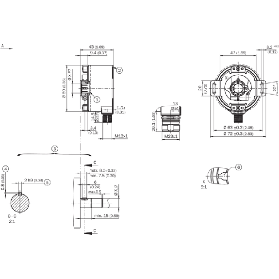 Codeur inc. de sécurité Axe trav. 14mm 1024i/t 4,5-32V SinCos M12 8P-Lire la description